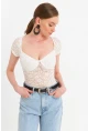 Kadın Ekru Kalp Yaka Tül Crop Bluz TPG05