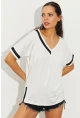 Kadın Ekru Kontrast T-Shirt ST396