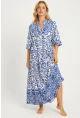 Kadın Ekru-Mavi Desenli Midi Elbise GÇ169