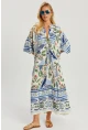 Kadın Ekru-Mavi Desenli Salaş Maxi Elbise GÇ166