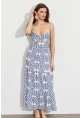 Kadın Ekru-Mavi Sırt Dekolteli Desenli Maxi Elbise LİT110
