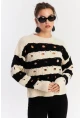 Kadın Ekru-Siyah Çizgili Yırtık Triko Kazak PP2342