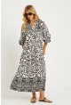 Kadın Ekru-Siyah Desenli Midi Elbise GÇ169