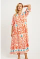 Kadın Ekru-Turuncu Desenli Midi Elbise GÇ169