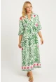 Kadın Ekru-Yeşil Desenli Midi Elbise MGÇ169