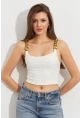 Kadın Ekru Zincir Askılı Astarlı Crop Bluz LİT109