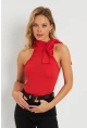 Kadın Fiyonklu Crop Bluz Kırmızı EY2726