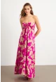Kadın Fuşya Büzgülü Desenli Midi Elbise KAB304