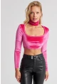 Kadın Fuşya Kare Yaka Boyunluklu Kadife Crop Bluz B2867