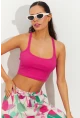 Kadın Fuşya Sırtı Halkalı Kaşkorse Crop Bluz B2552