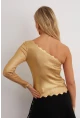 Kadın Gold Rengi Tek Omuz Merdiven Yaka Triko Bluz RM631