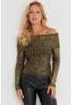 Kadın Gold Rengi Varaklı Madonna Triko Bluz SF2523