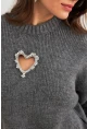Kadın Gri Kalp Pencereli Kazak TEM101