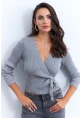 Kadın Gri Kruvaze Büzgülü Simli Bluz KED173
