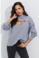 Kadın Gri Önü Pencereli Kapüşonlu Sweatshirt Yİ2486