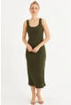 Kadın Haki Düğme Detaylı Kaşkorse Midi Elbise EY2837