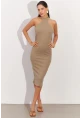 Kadın Haki Sırtı Açık Halter Midi Elbise OW138