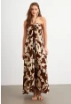 Kadın Kahverengi Büzgülü Desenli Midi Elbise KAB304