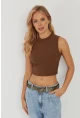 Kadın Kahverengi Fitilli Crop Bluz LPP1262