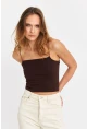 Kadın Kahverengi İp Askılı Crop Bluz EV63