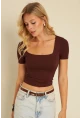 Kadın Kahverengi Kare Yaka Bluz AYD338