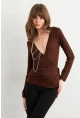 Kadın Kahverengi Kruvaze Bağlamalı Bluz EY3036