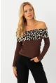Kadın Kahverengi Leopar Bloklu Madonna Bluz AYD396