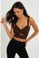 Kadın Kahverengi Önü Büzgülü Crop Bluz B189