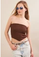 Kadın Kahverengi Straplez Triko Crop Bluz ZH049