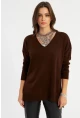 Kadın Kahverengi V Yaka Triko Bluz YİL557