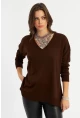 Kadın Kahverengi V Yaka Triko Bluz YİL557