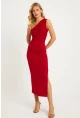 Kadın Kırmızı Büzgülü Yırtmaçlı Midi Elbise MON134