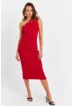 Kadın Kırmızı Düğme Aksesuarlı Kaşkorse Midi Elbise EY3081