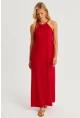 Kadın Kırmızı Halter Yaka Bürümcük Midi Elbise EY2788