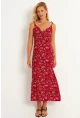Kadın Kırmızı İp Askılı Çiçekli Midi Elbise GÇ172