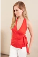 Kadın Kırmızı Sırtı Açık Kruvaze Bluz Ey3095