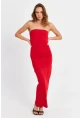 Kadın Kırmızı Straplez Yırtmaçlı Midi Elbise XC005