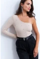 Kadın Krem Taşlı Tek Kol Crop Bluz HOL2