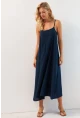 Kadın Lacivert Ayarlanabilir Askılı Midi Keten Elbise DMR355