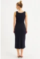 Kadın Lacivert Düğme Detaylı Kaşkorse Midi Elbise EY2837