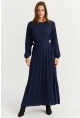 Kadın Lacivert Kemerli Plili Maxi Elbise ALZ500