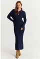 Kadın Lacivert Polo Yaka Triko Maxi Elbise MNUV17