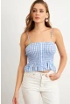 Kadın Mavi Ekose Lastikli Crop Bluz MTK13397