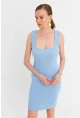 Kadın Mavi Omuz Bantlı Kaşkorse Mini Elbise URO203