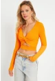 Kadın Önü Düğümlü Crop Bluz Turuncu AYD287