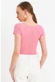 Kadın Pembe Büzgülü Tül Crop Bluz TPG04