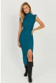 Kadın Petrol Vatkalı Yırtmaçlı Midi Elbise MON120