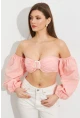 Kadın Pudra Balon Kol Crop Bluz ROP111