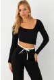 Kadın Siyah Asimetrik Crop Bluz EY2997