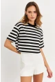 Kadın Siyah-Beyaz Çizgili Crop Bluz KY7145